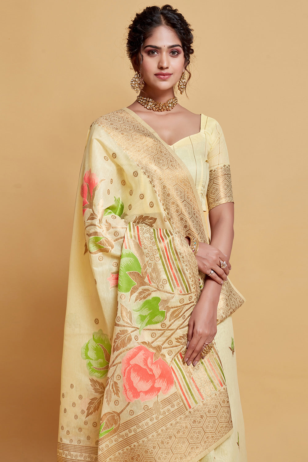 Light Yellow Silk Saree With Zari Weaving Work