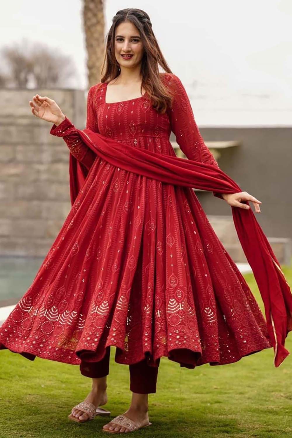 Venetian Red Georgette Embroidery &amp; Sequence Work Anarkali Set