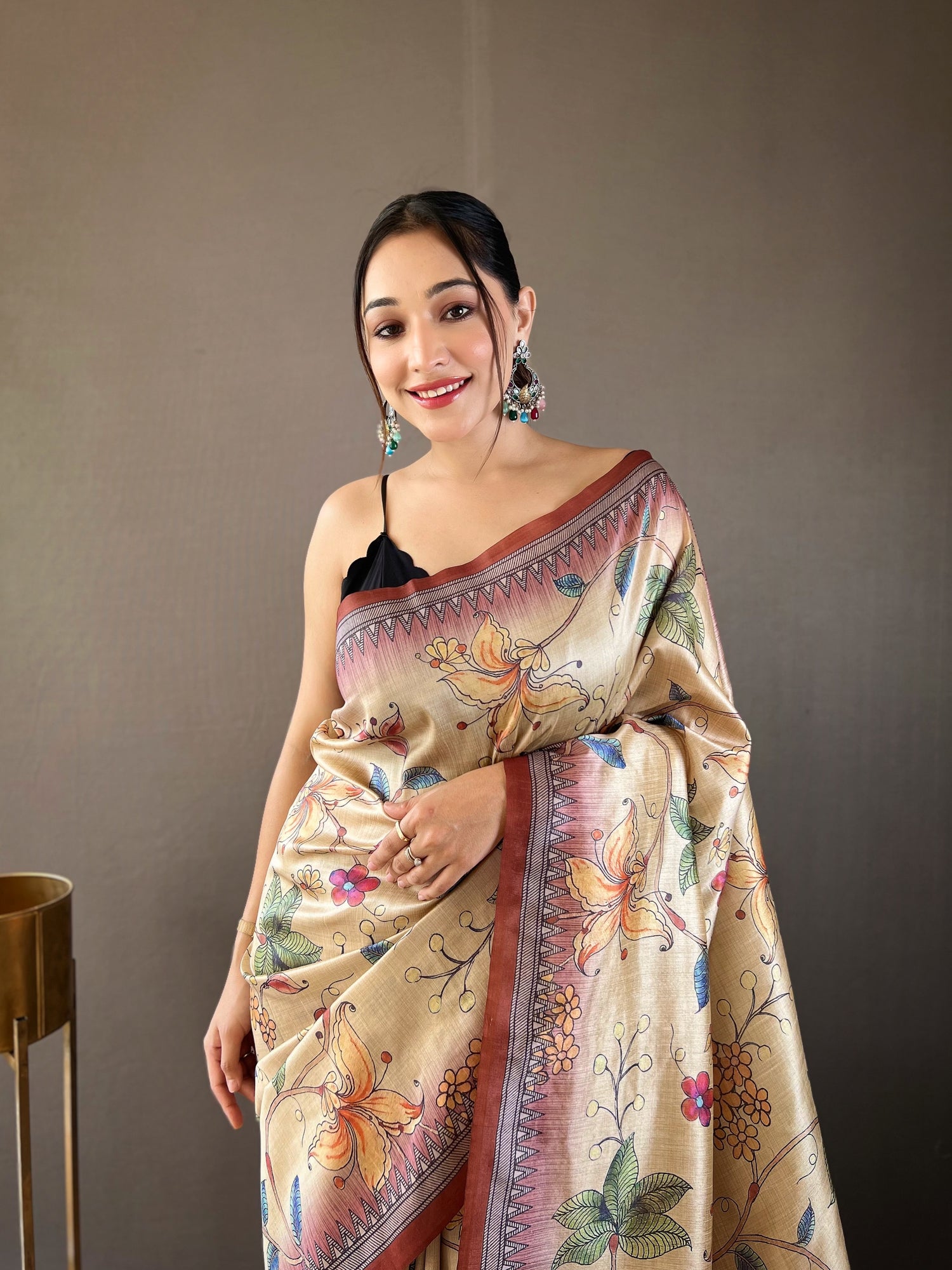 Cream Colour Semi Silk Digital printed Saree With Blouse