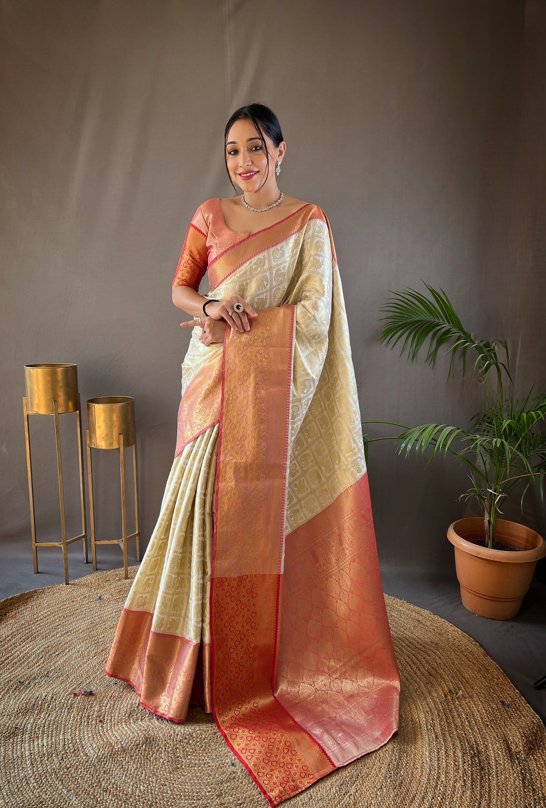 Off-White Colour Zari Weaving Silk Saree