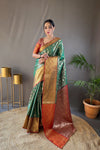 Green Colour Silk Saree With Rich Contrast Weaving Pallu