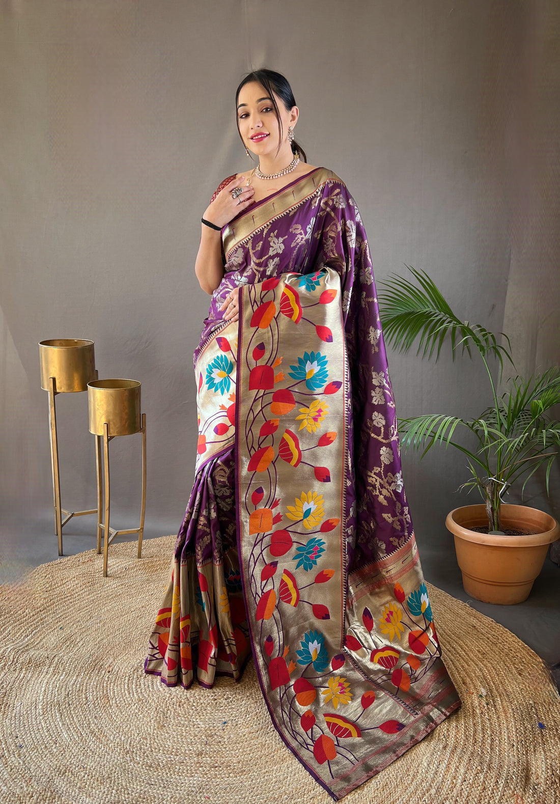 Violet Colour Paithani Silk Saree With Zari Weaving Pallu