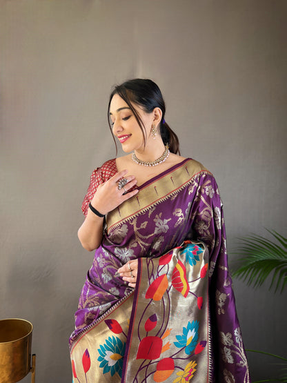 Violet Colour Paithani Silk Saree With Zari Weaving Pallu