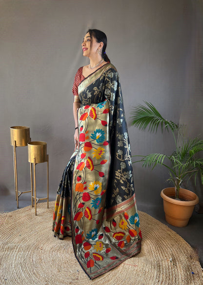 Black Colour Zari Weaving Paithani Silk Saree