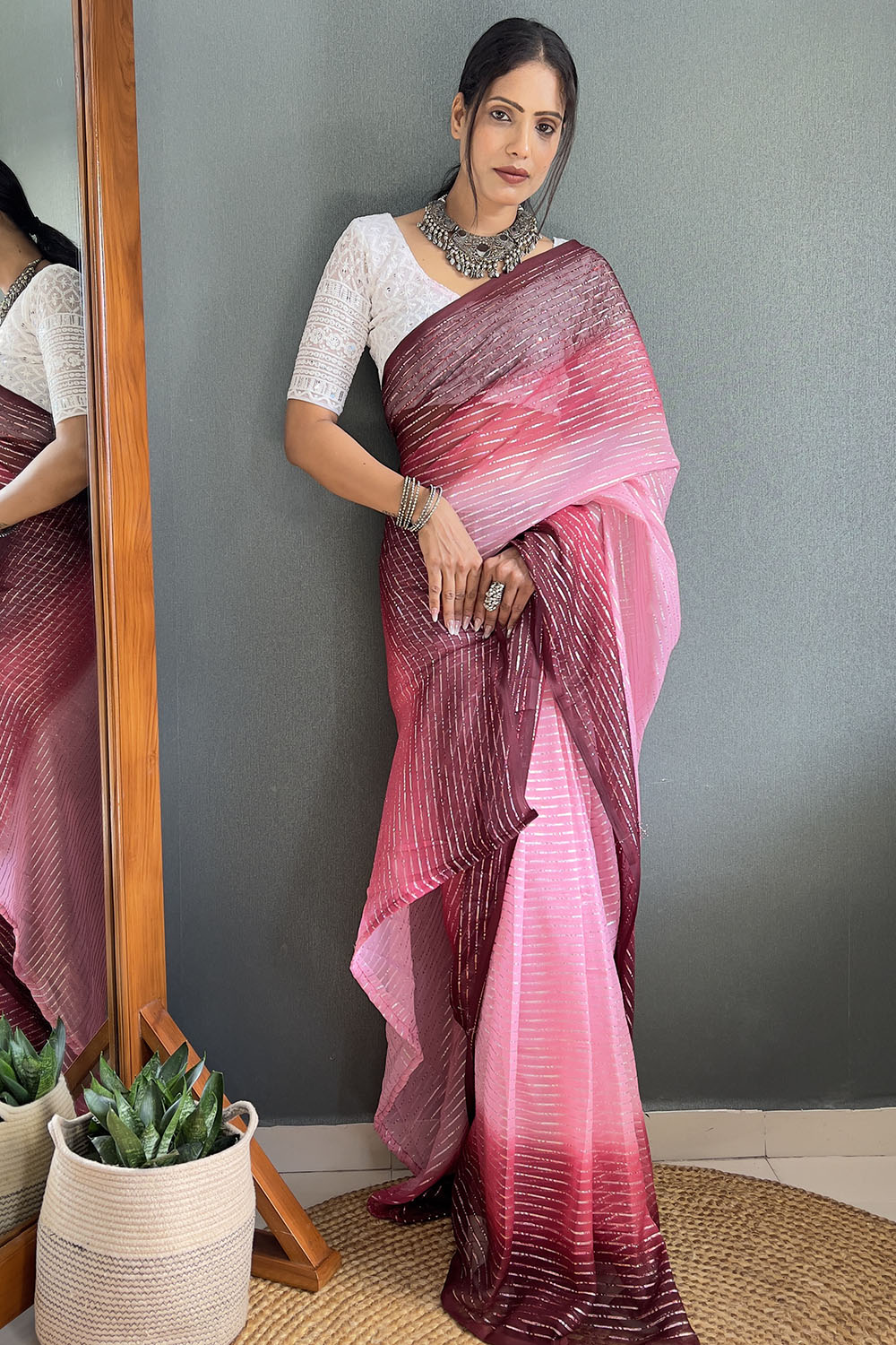 Pink Striped Chiffon Ready To Wear Saree