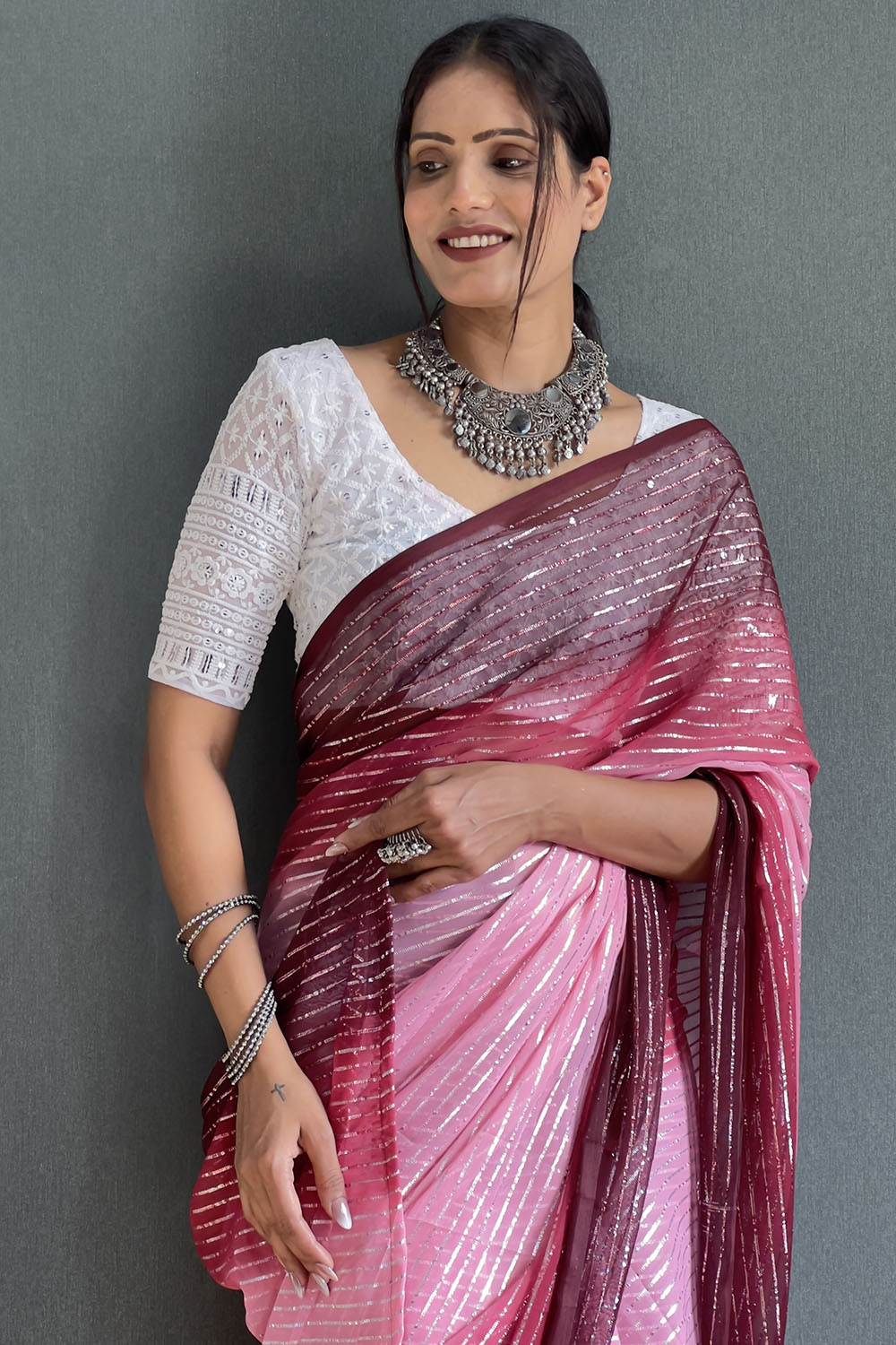 Pink Striped Chiffon Ready To Wear Saree