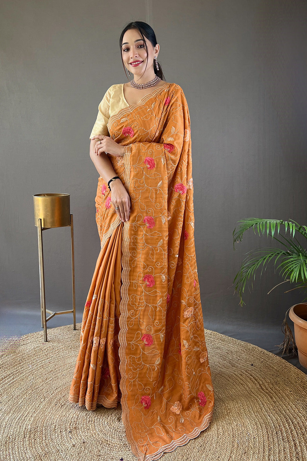 Squash Orange Tussar Silk Embroidery Work Saree