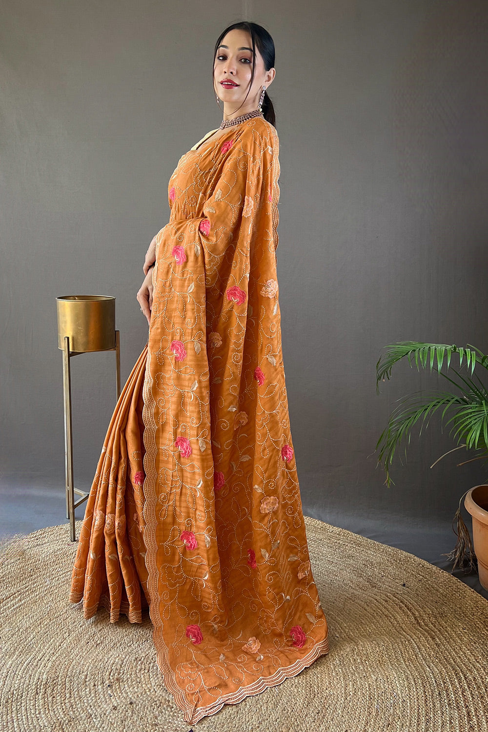 Squash Orange Tussar Silk Embroidery Work Saree