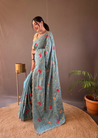 Sky Blue Colour Tussar Silk Floral design Saree