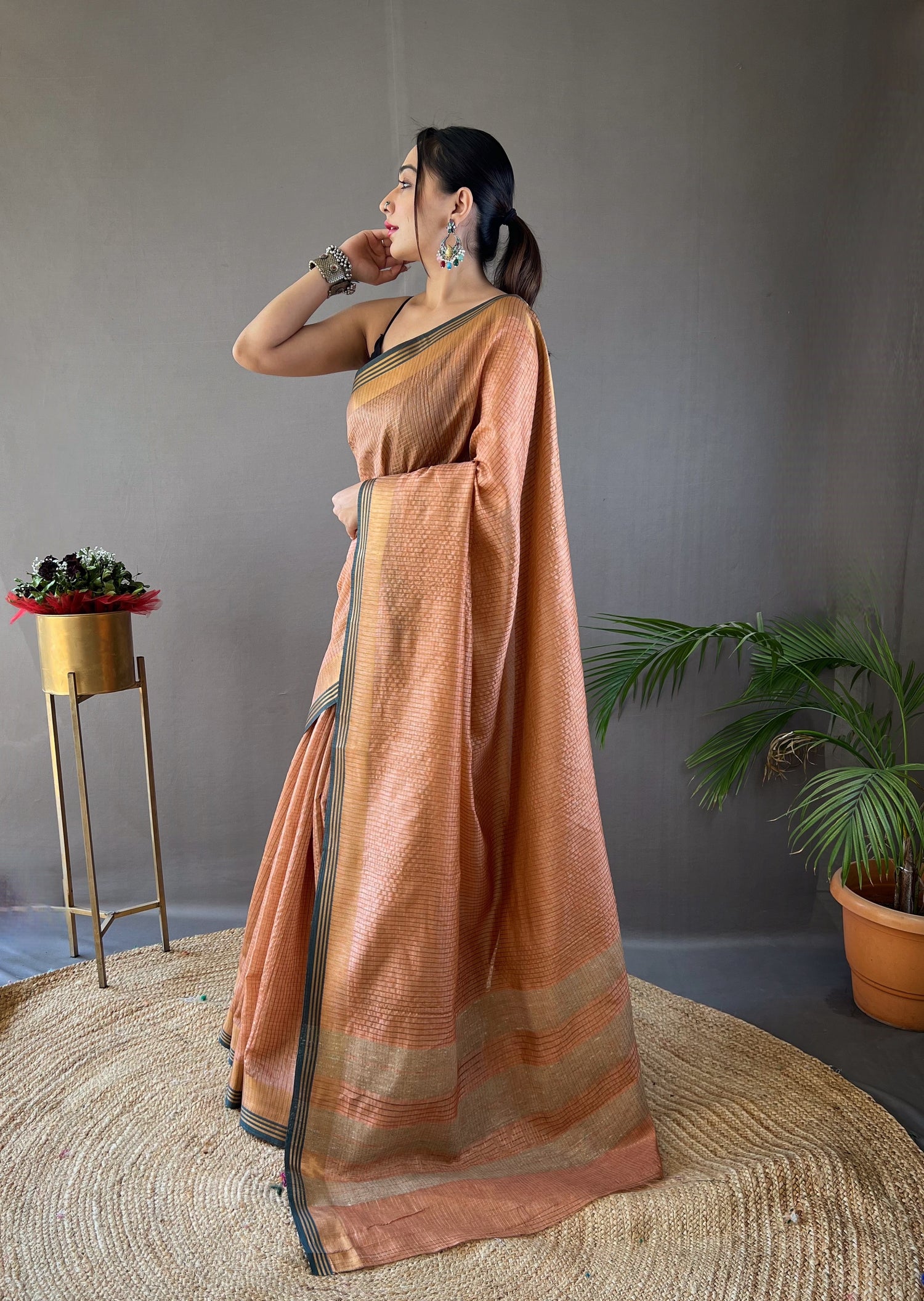 Checks Designer Peach Colour Soft Silk Saree