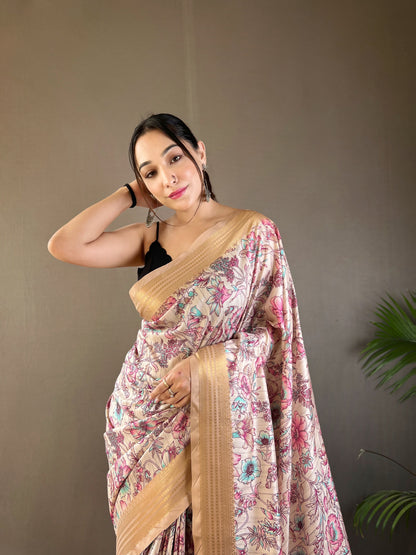 White Colour Soft Silk Saree With Floral Printed Work