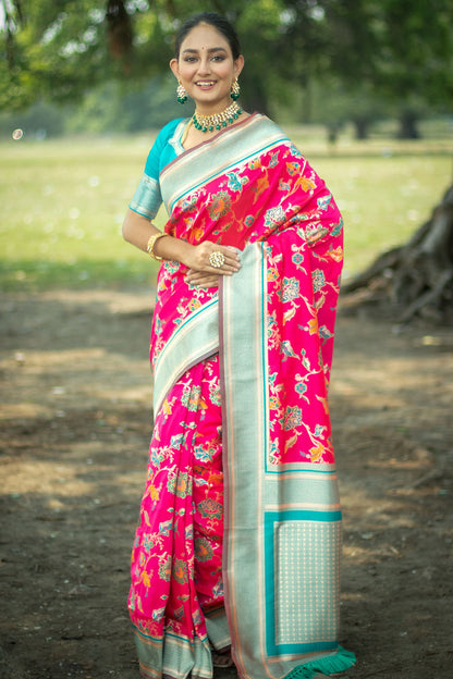 Rani Pink Soft Banarasi Silk Saree With Zari Weaving Work