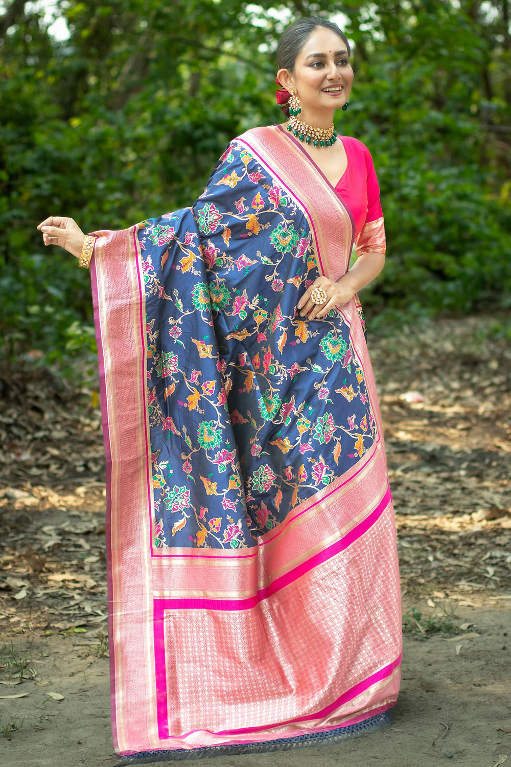 Navy Blue Soft Banarasi Silk Saree With Zari Weaving Work