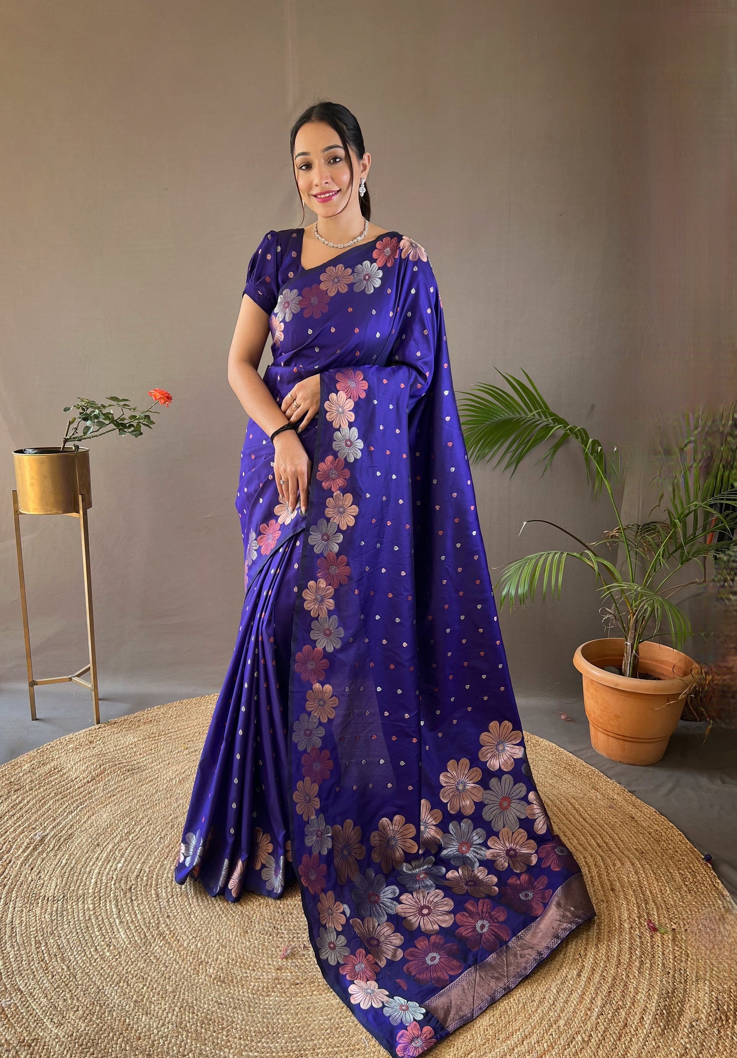 Blue Colour Soft Silk Saree With Copper And Gold Weaving