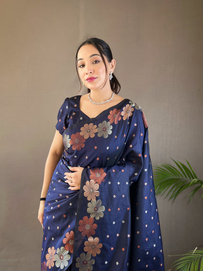 Navy Blue Colour Soft Silk Saree With Flower Weaving Pallu