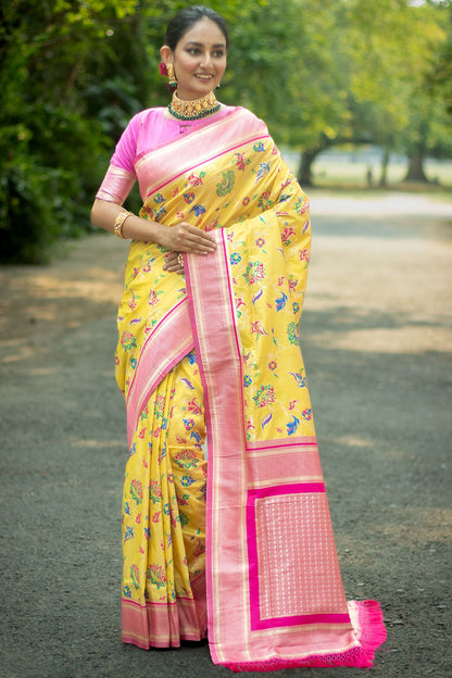 Yellow Soft Banarasi Silk Saree With Zari Weaving Work