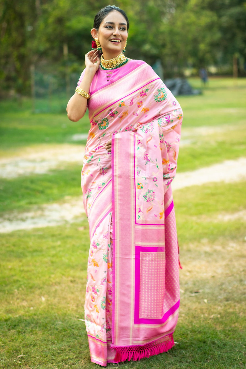 Baby Pink Soft Banarasi Silk Saree With Zari Weaving Work