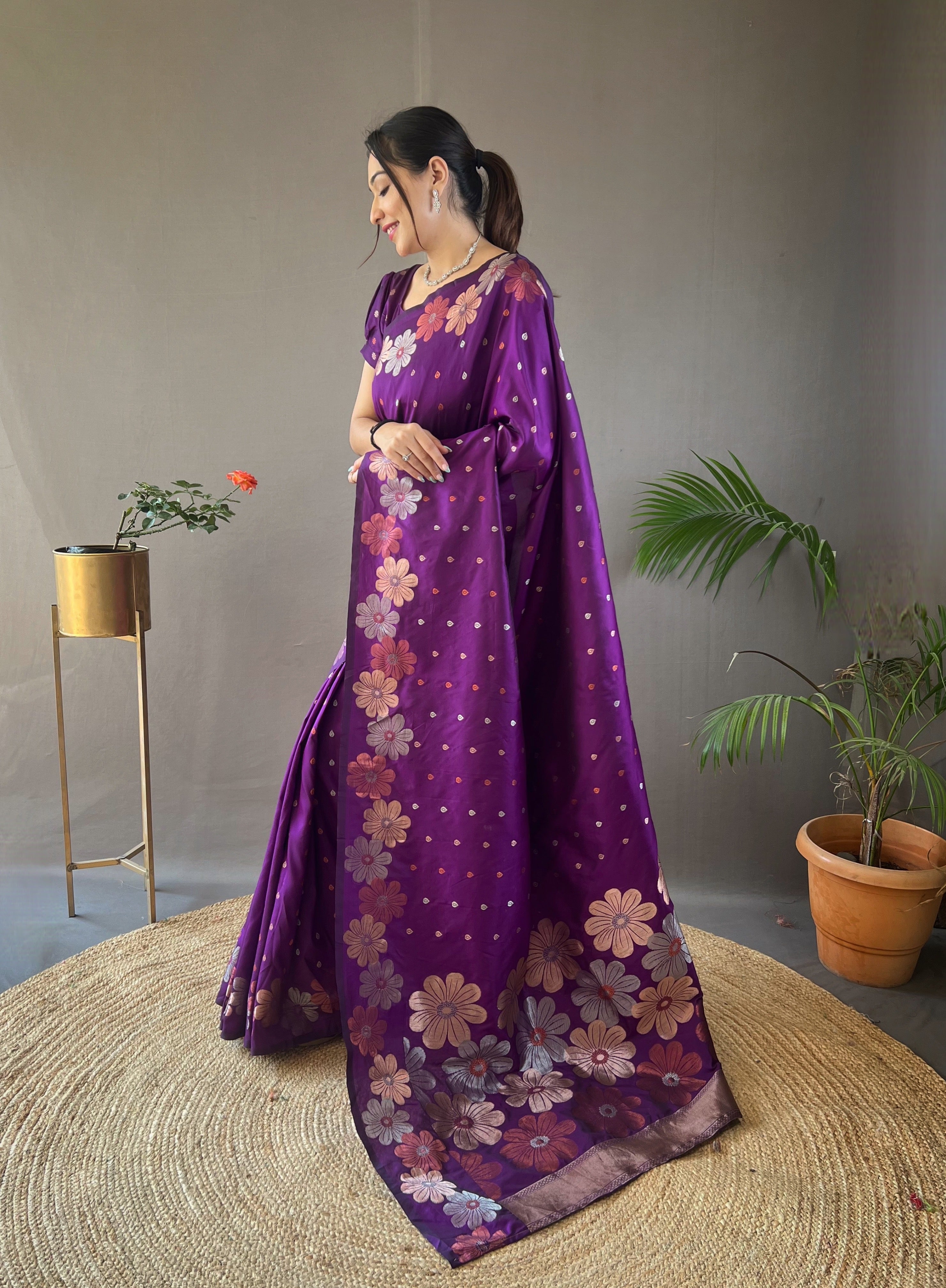 Purple Colour Soft Silk Flower Weaving  Saree