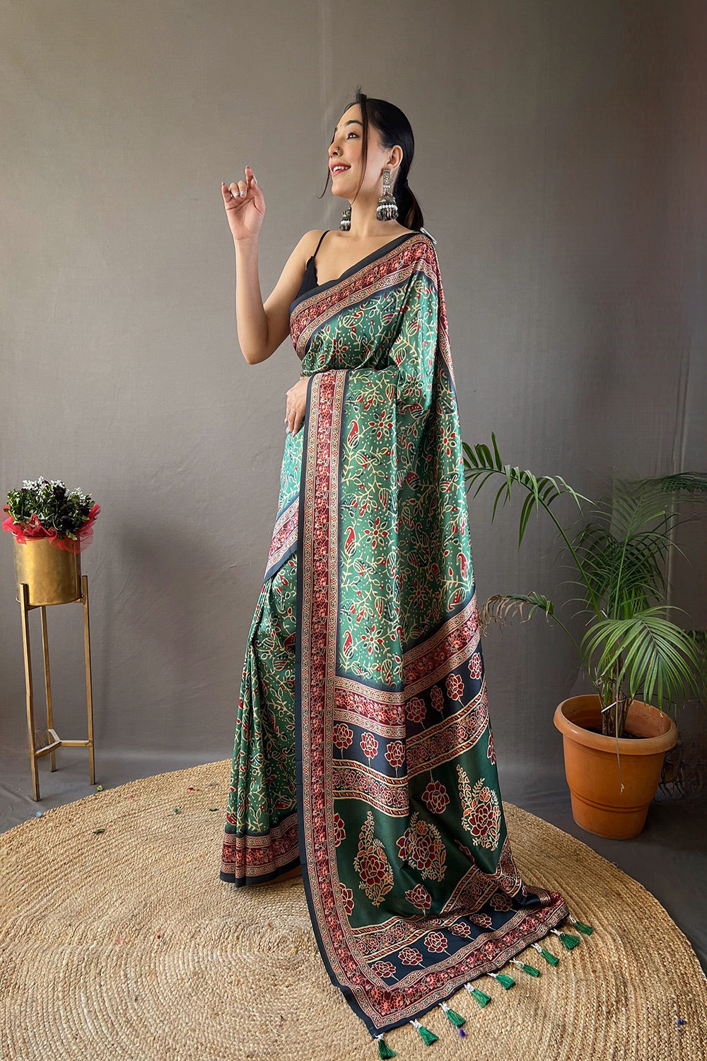 Green Semi Silk Digital Printed Saree With Tassels