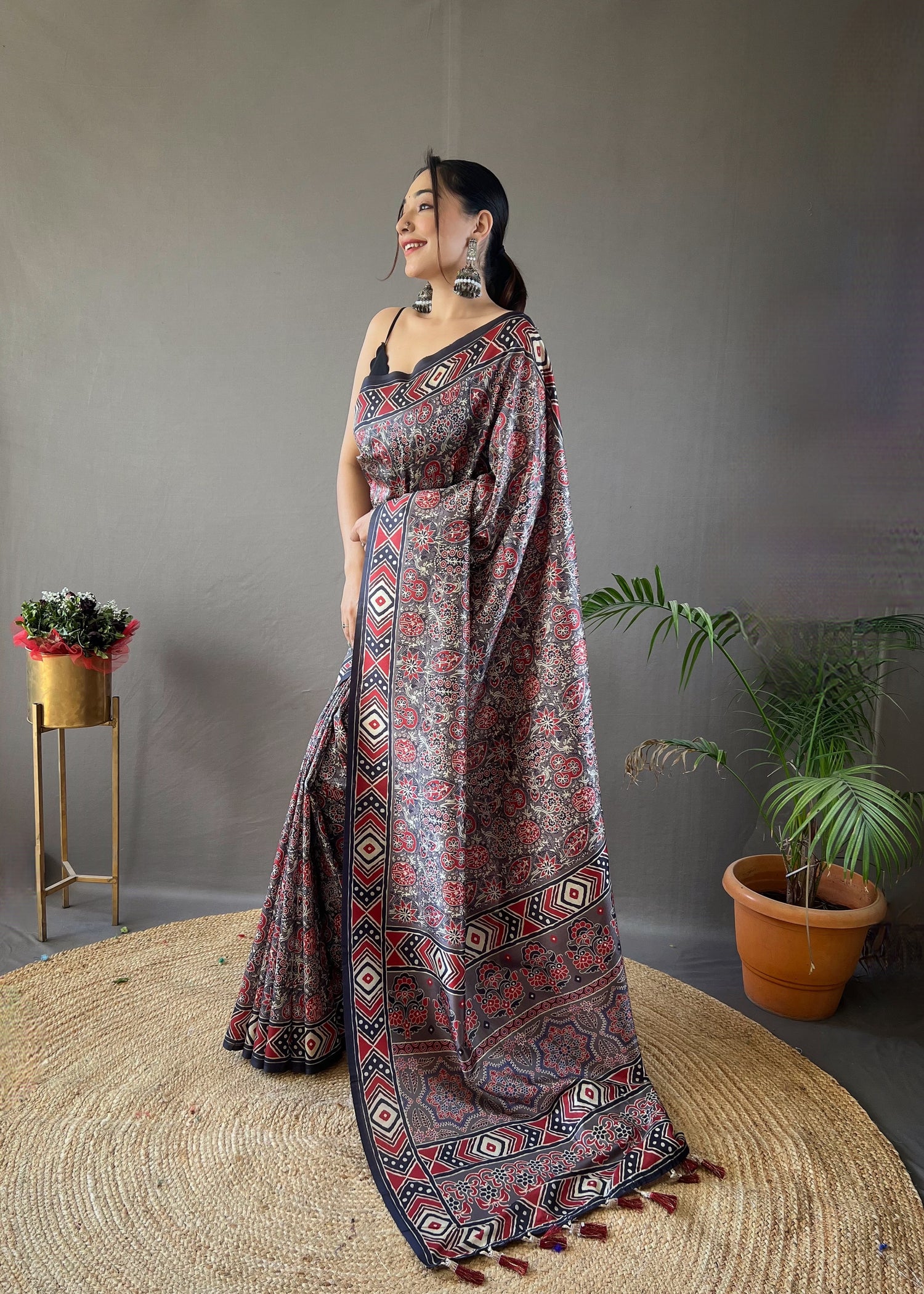 Black Semi Silk Digital Printed Saree With Tassels