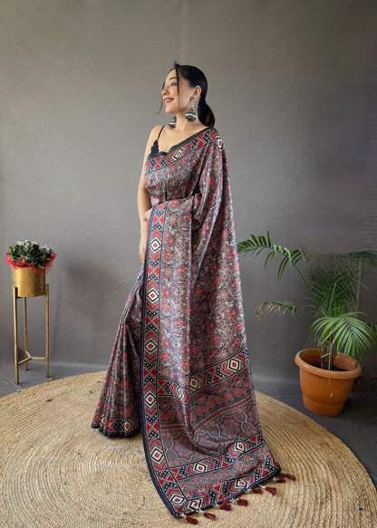 Black Semi Silk Digital Printed Saree With Tassels