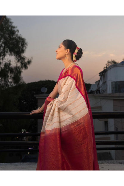 White &amp; Red Soft Aura Kanjivaram Silk Saree with Blouse