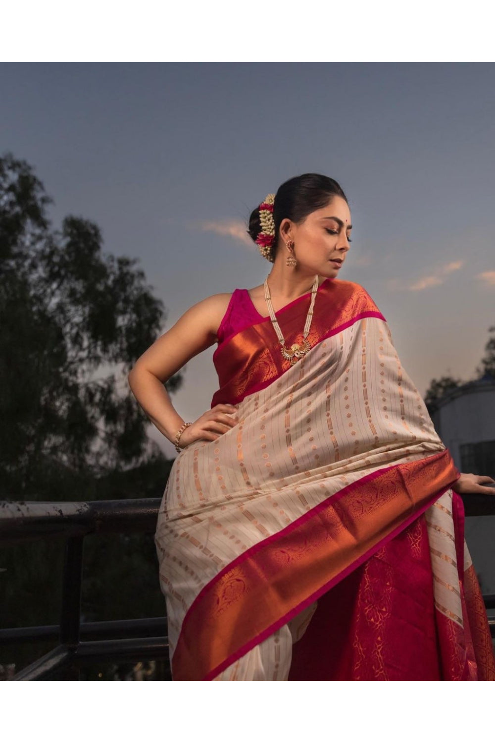 White &amp; Red Soft Aura Kanjivaram Silk Saree with Blouse