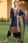Blue Silk Pashmina Work Salwar Suit ( Unstitched )