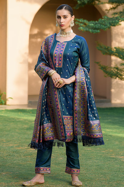 Teal Blue Silk Pashmina Work Salwar Suit ( Unstitched )