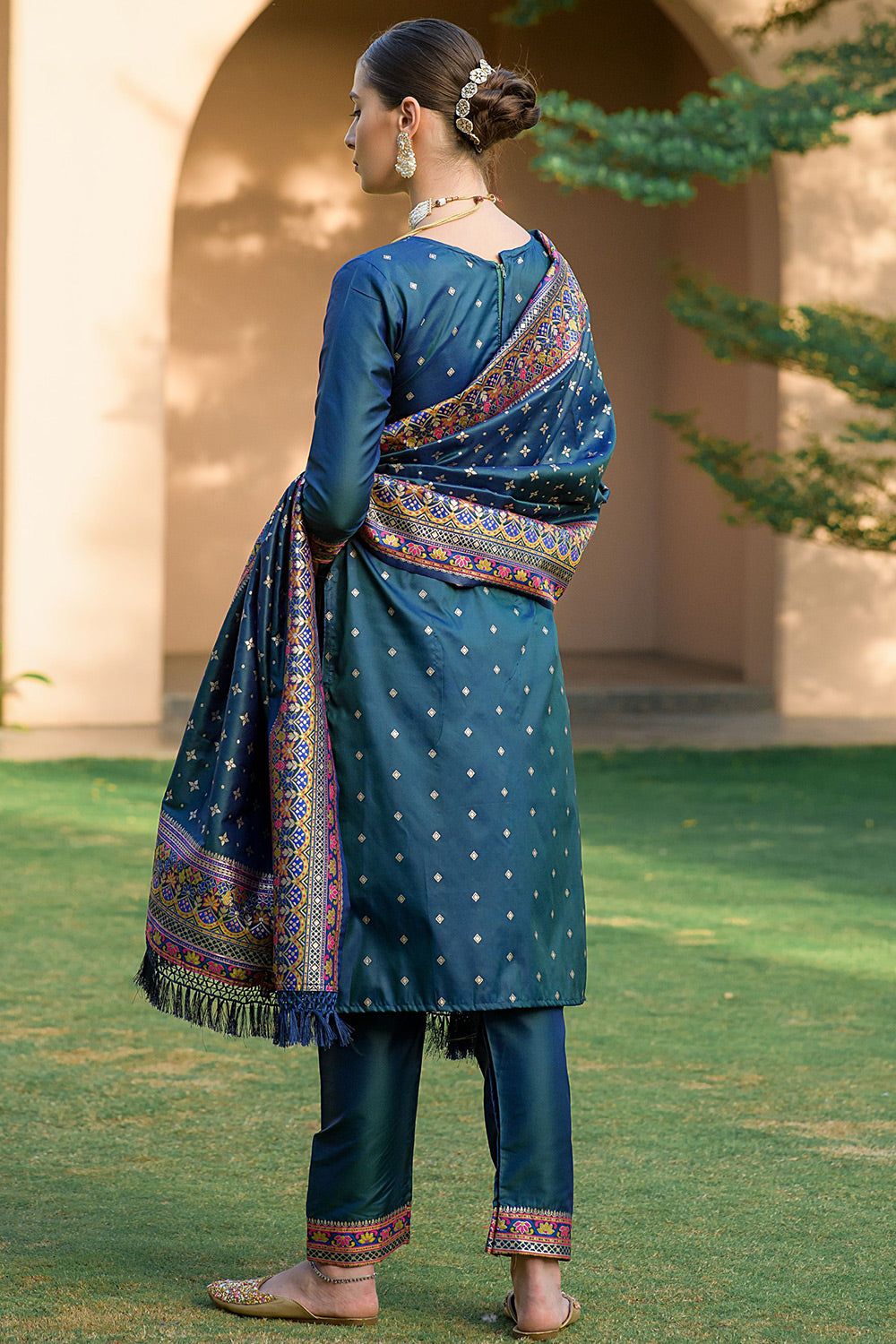 Teal Blue Silk Pashmina Work Salwar Suit ( Unstitched )