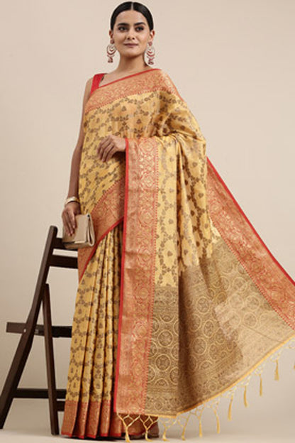 Daisy Yellow Cotton Saree With Zari Weaving Work