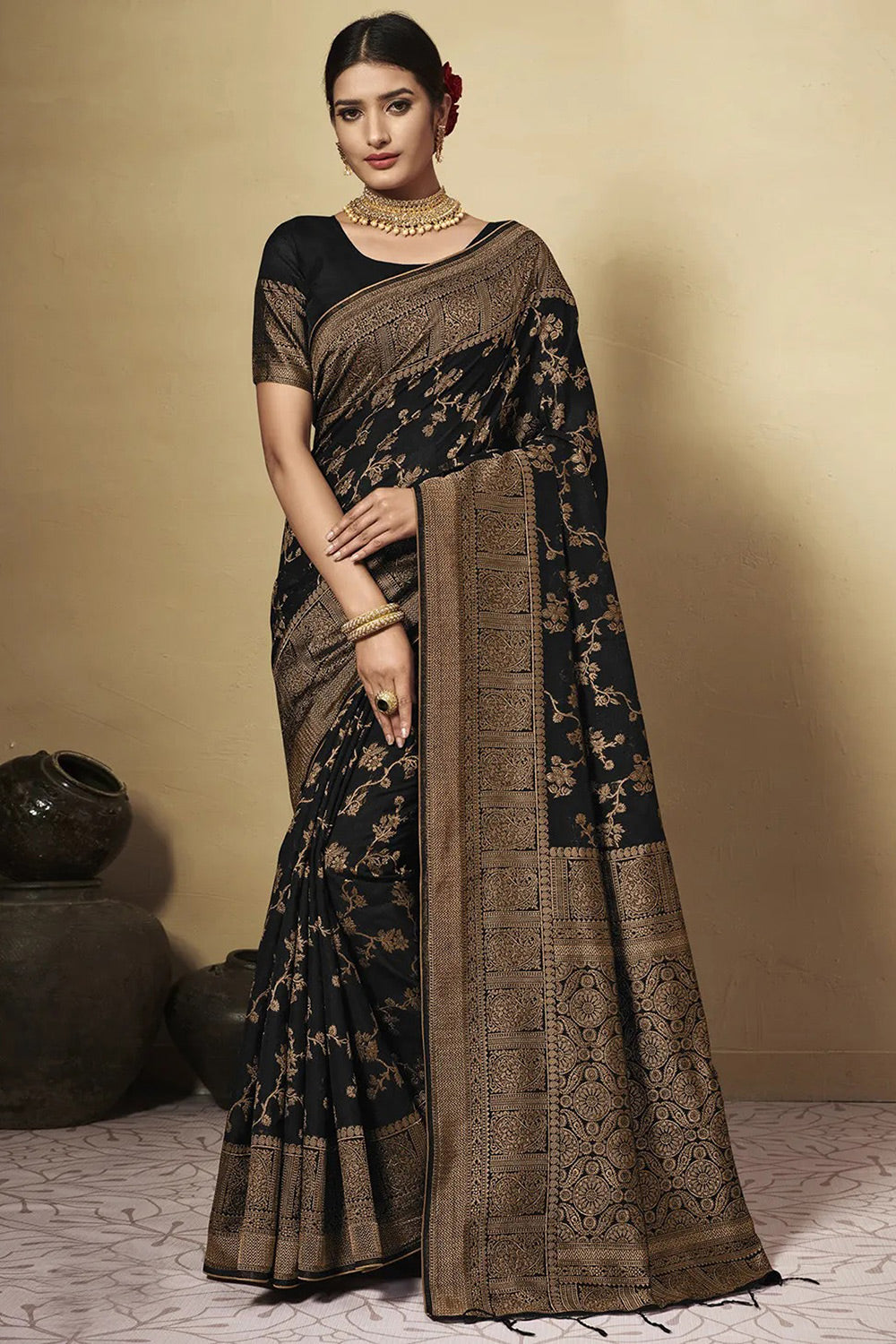 Stylish Chanderi Cotton Black Saree With Weaving Work