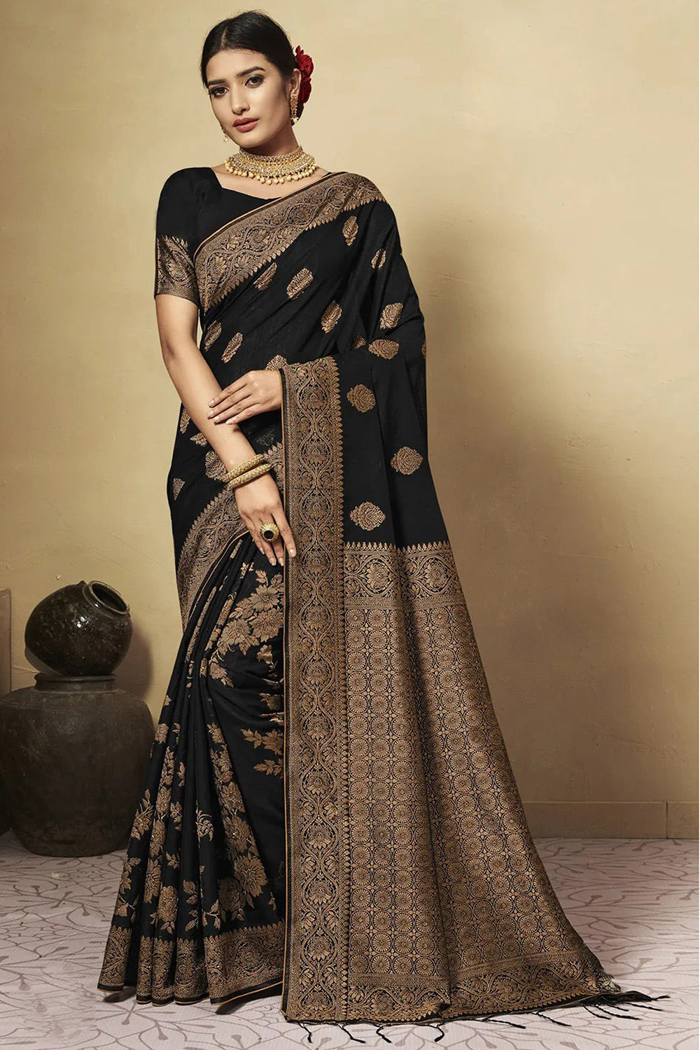 Black Designer Chanderi Cotton Saree With Weaving Work