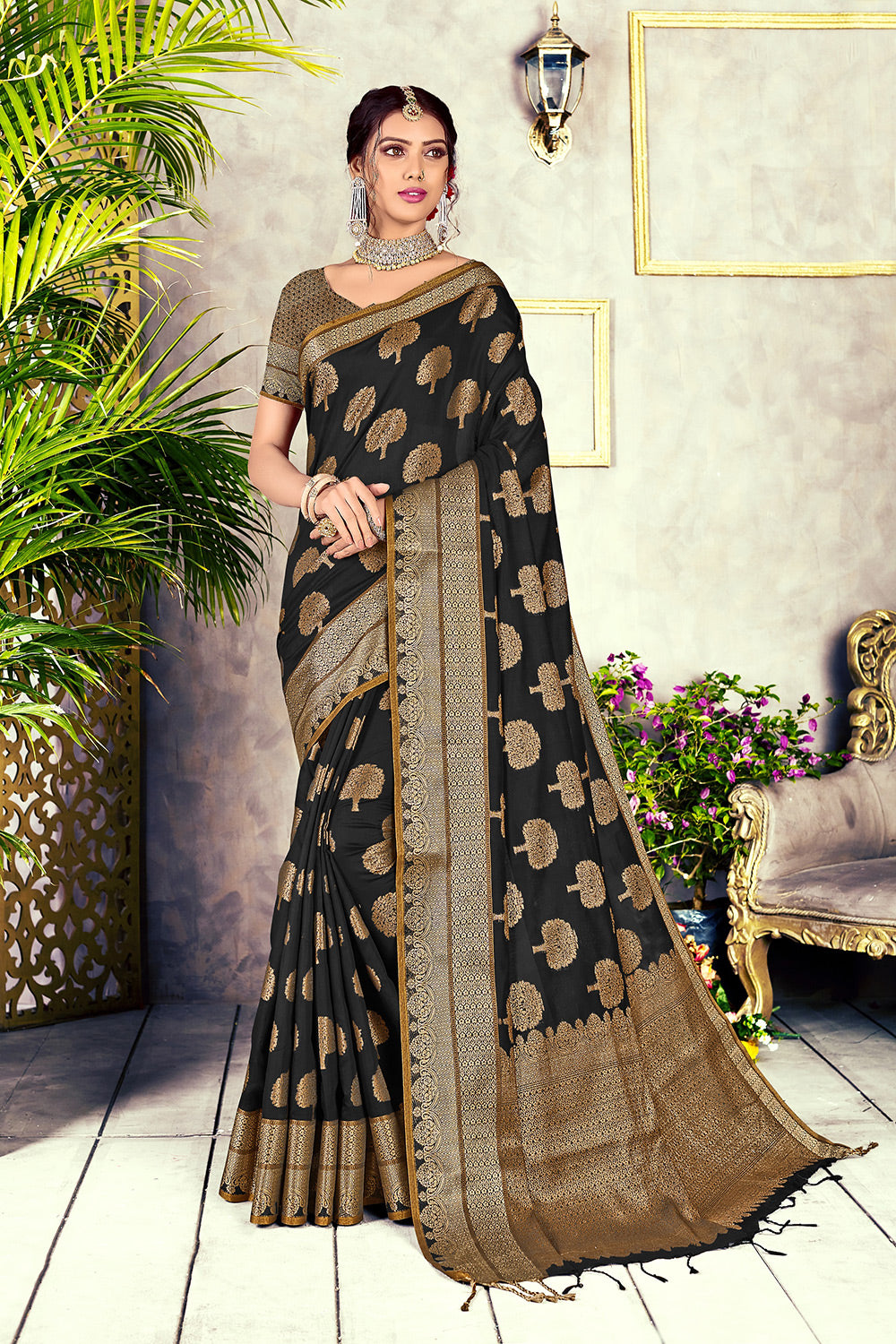 Chanderi Cotton With Weaving Work Fancy Black Saree