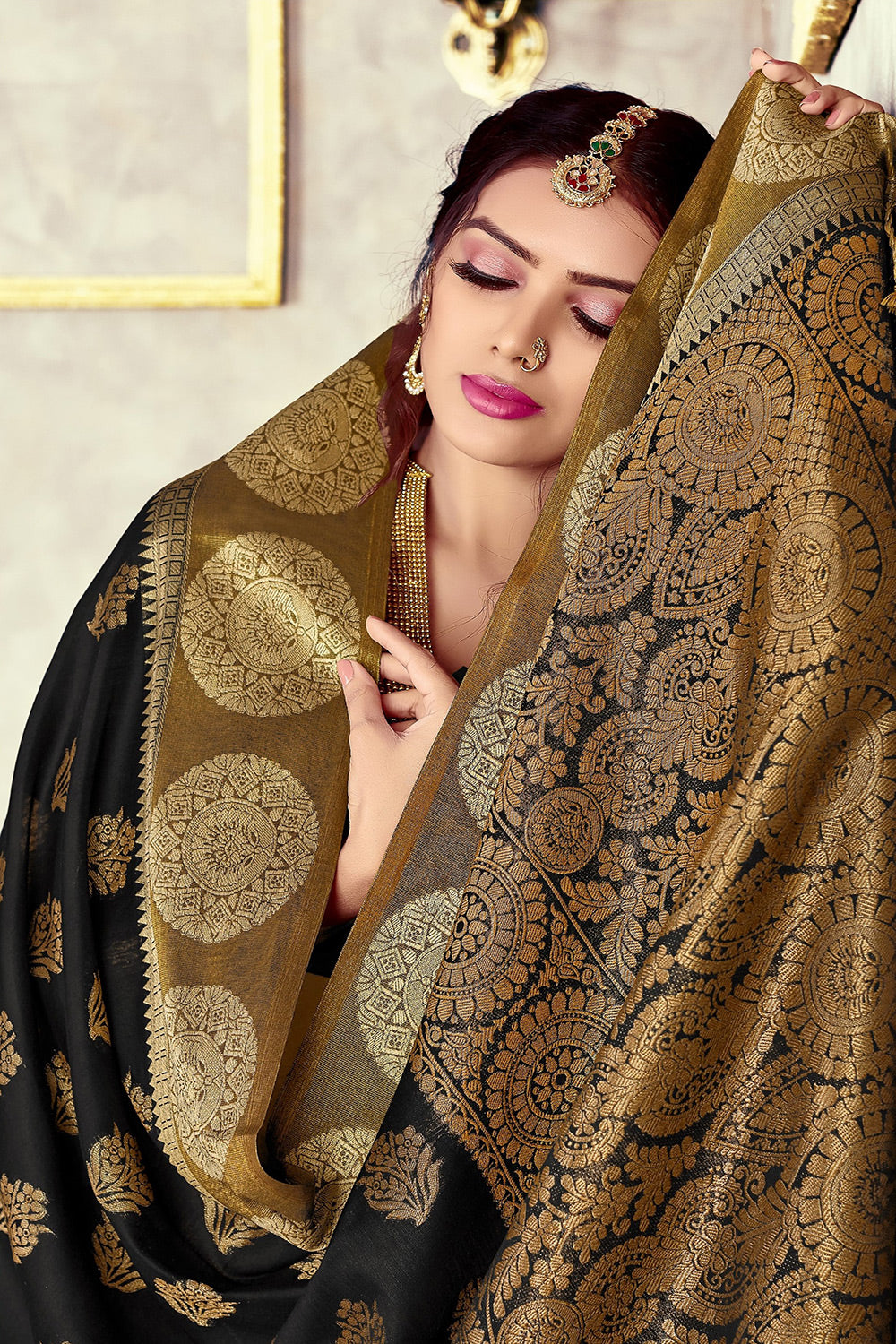 Sable Black Designer Chanderi Cotton With Weaving Saree