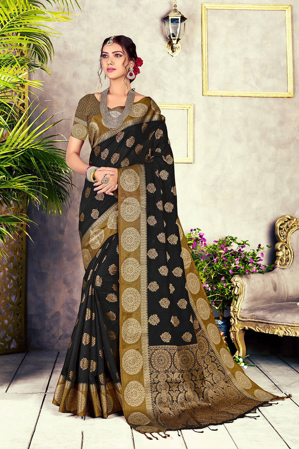 Sable Black Designer Chanderi Cotton With Weaving Saree