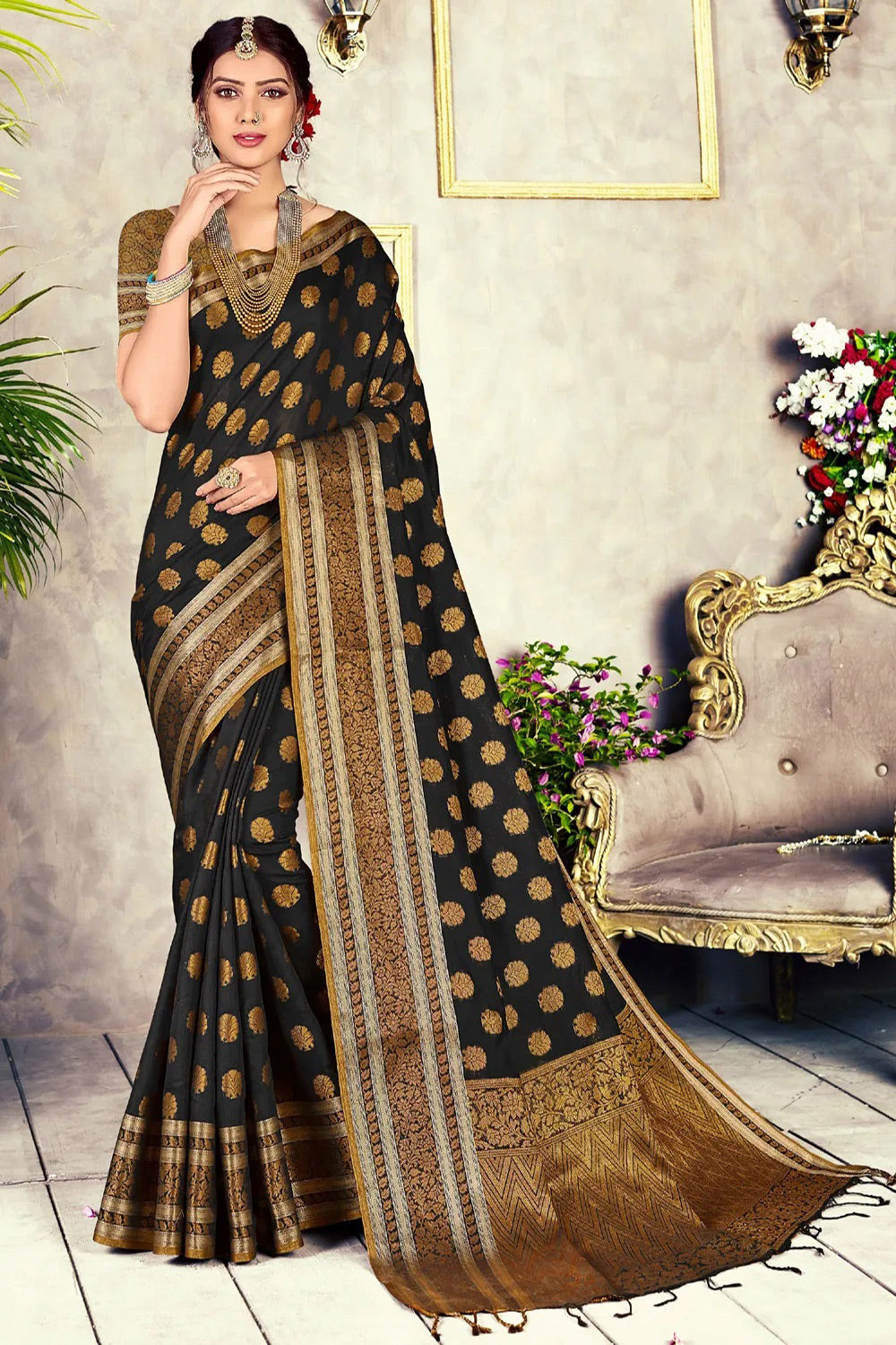 Black Chanderi Cotton Weaving Saree With Contrast Blouse