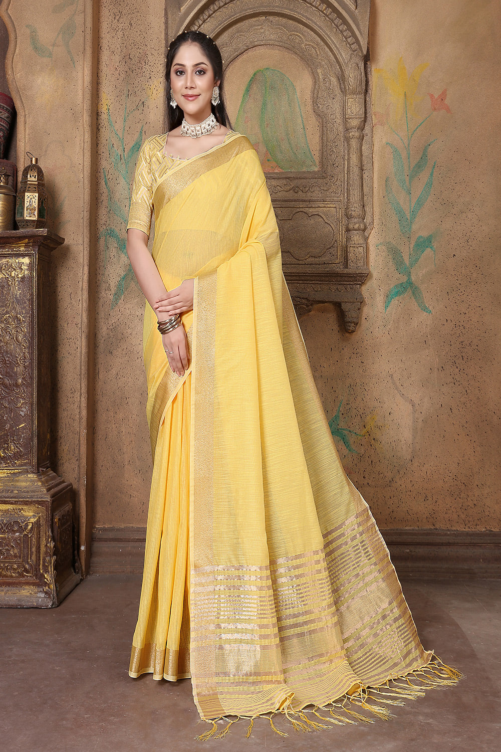 Yellow Soft Linen Saree With Zari Weaving Work
