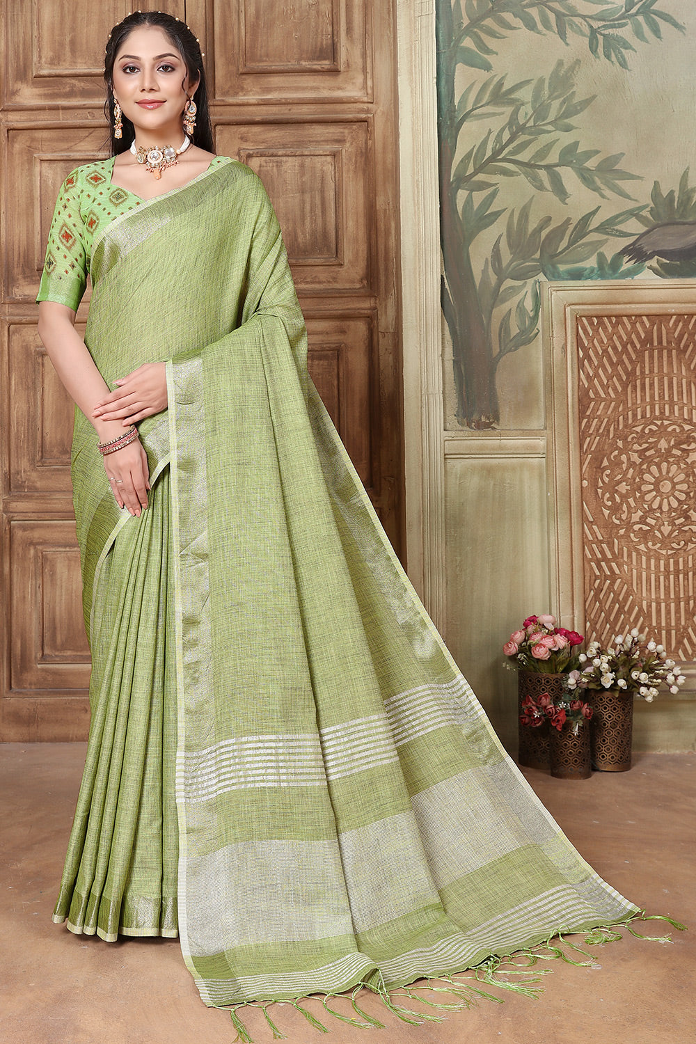 Lime Green Soft Linen Saree With Weaving Work