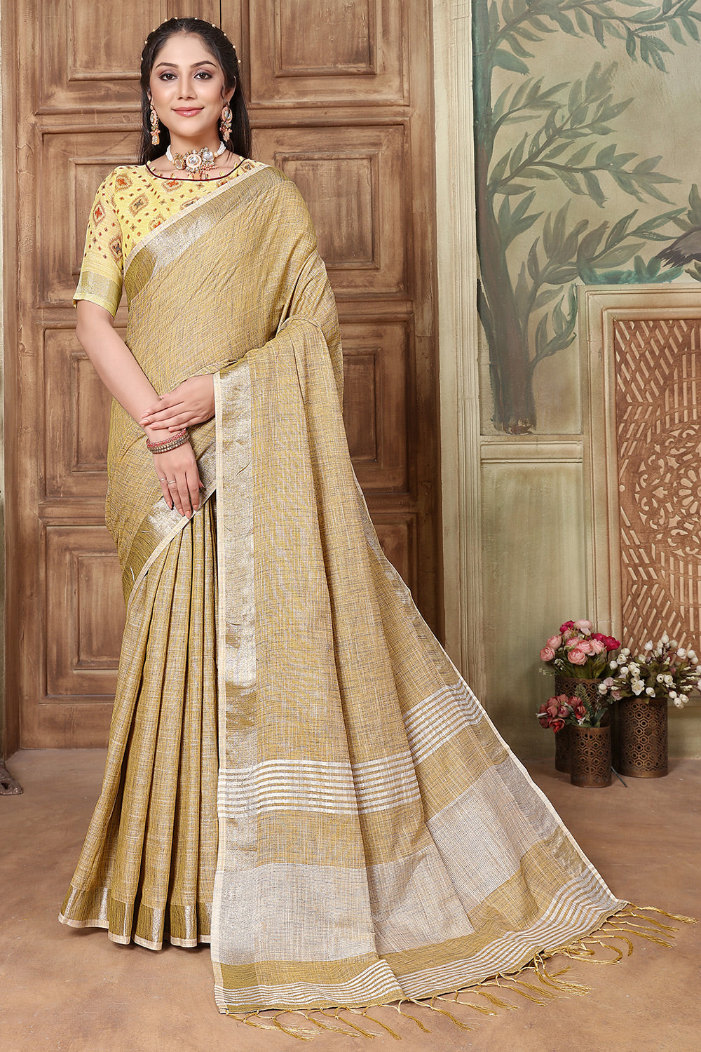 Sepia Yellow Soft Linen Saree With Weaving Work