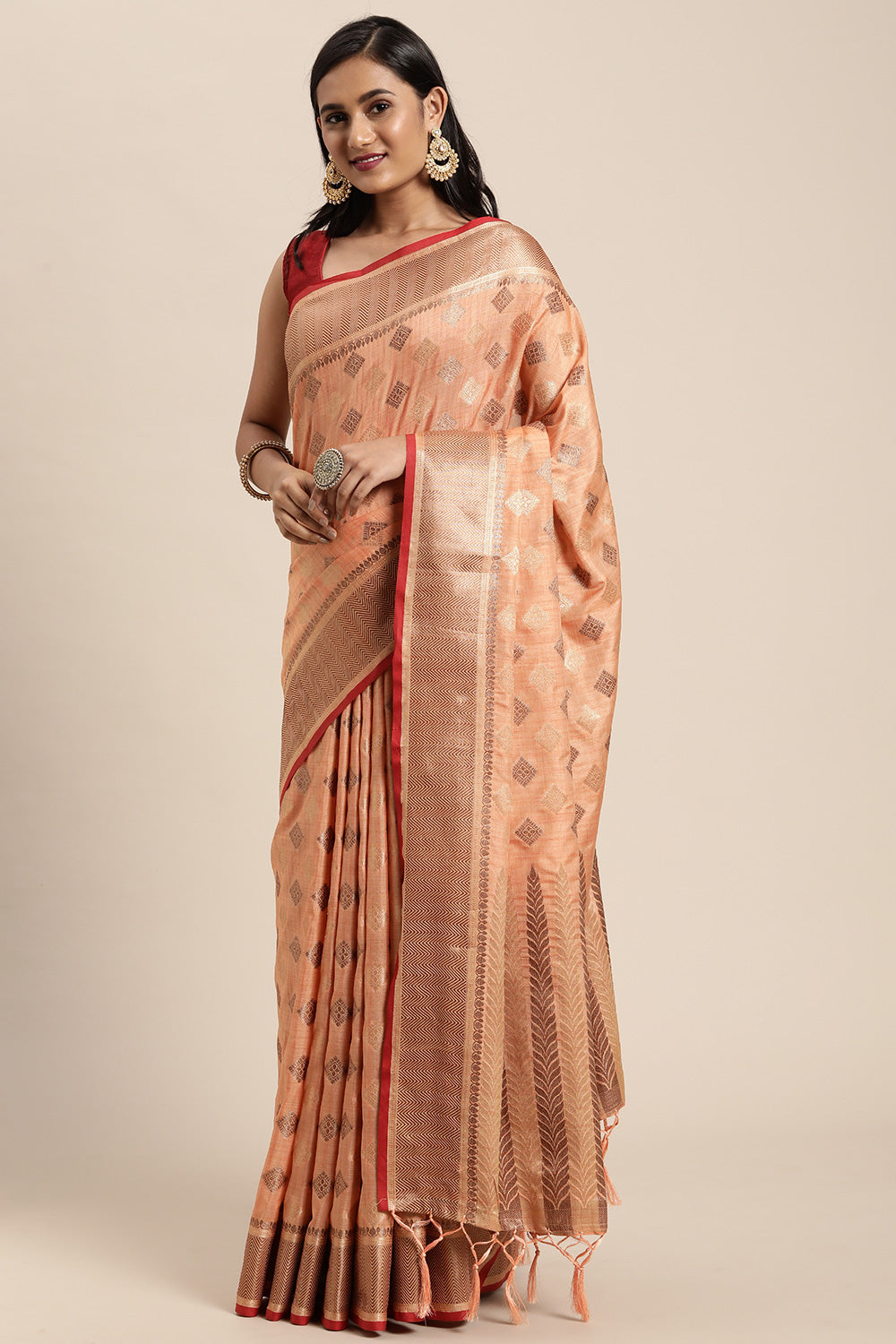 Light Orange Chanderi Cotton Saree With Weaving Work