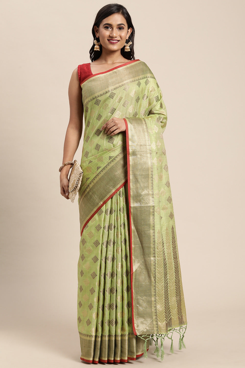 Pista Green Chanderi Cotton Saree With Weaving Work