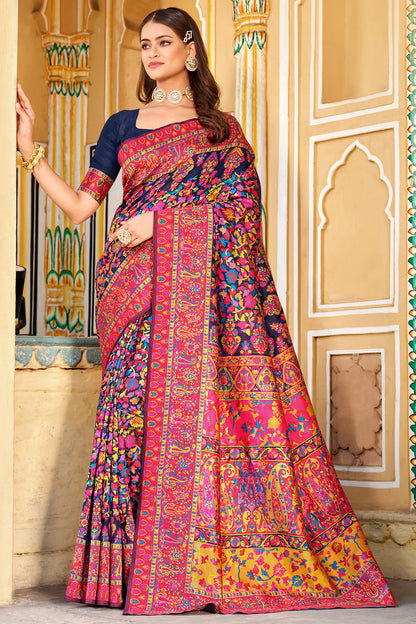 Navy Blue &amp; Pink Kashmiri Modal Silk Weaving Design Saree