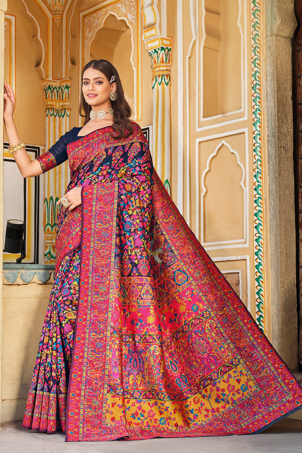 Navy Blue &amp; Pink Kashmiri Modal Silk Weaving Design Saree
