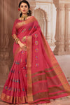 French Pink Chanderi Cotton Saree With Weaving Work