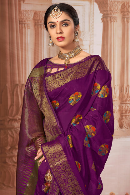 Purple Chanderi Cotton Saree With Weaving Work