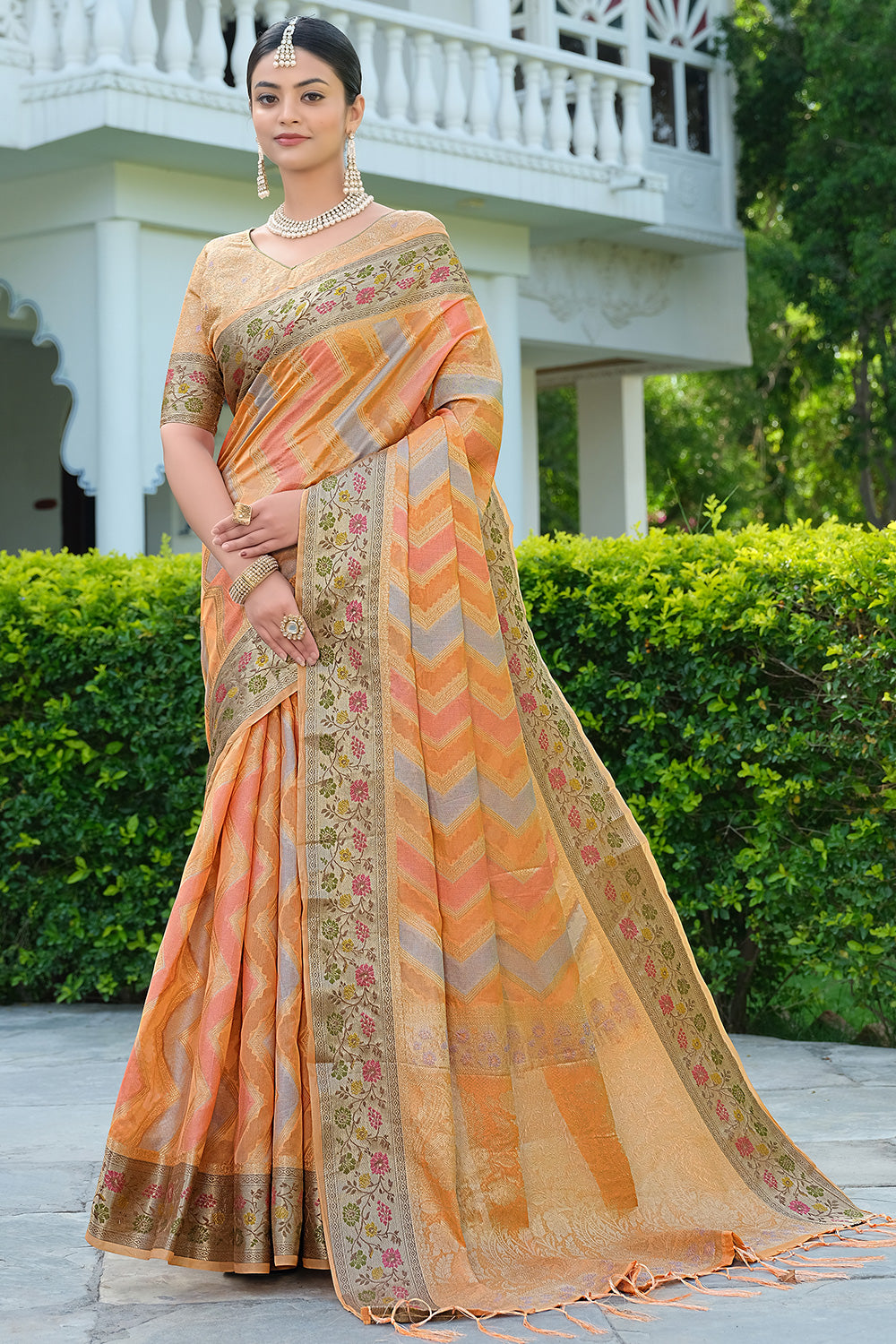 Orange Leheriya Design Silk Saree With Weaving Work
