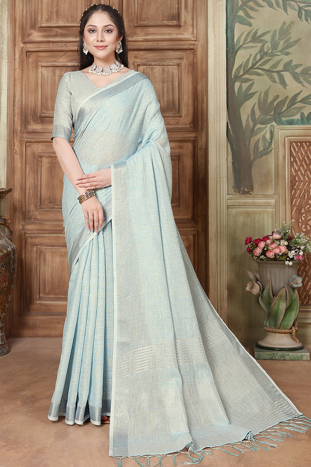 Sky Blue Soft Linen Saree With Weaving Work