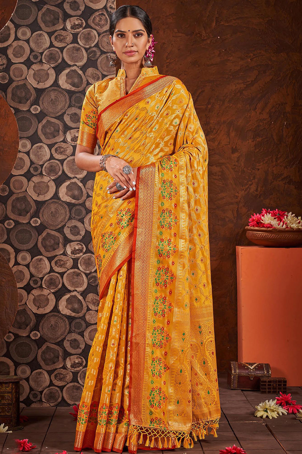 Honey Yellow Color Silk Saree With Weaving Work