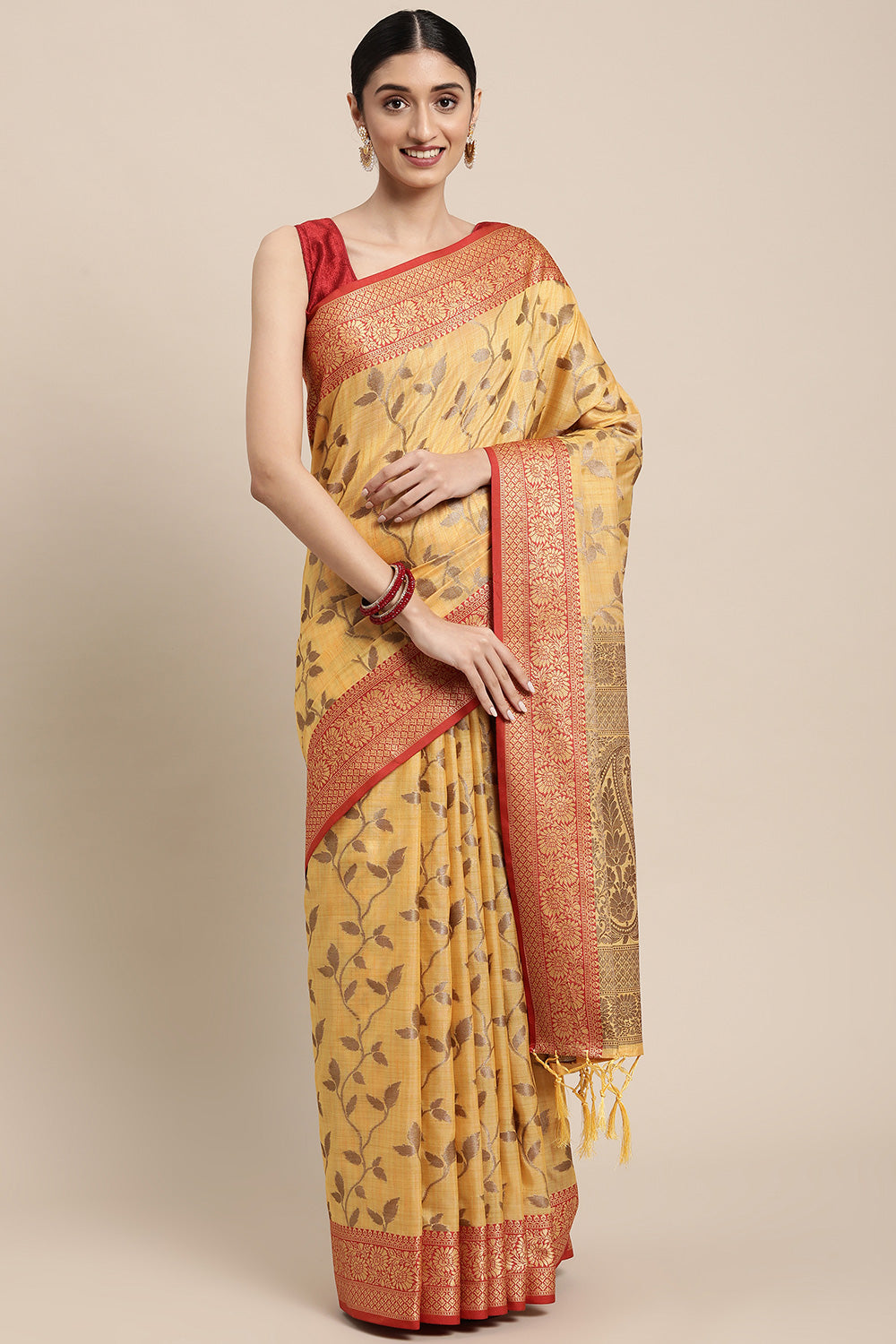 Daisy Yellow Cotton Saree With Weaving Work
